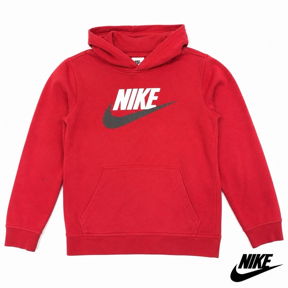 Nike Sportswear Boys Hoodie Large Red White Gray Swoosh Pullover CJ7861-657 READ
